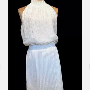 WHBM White and Silver Metallic Sleeveless Smocked Waist Pleated Midi Dress